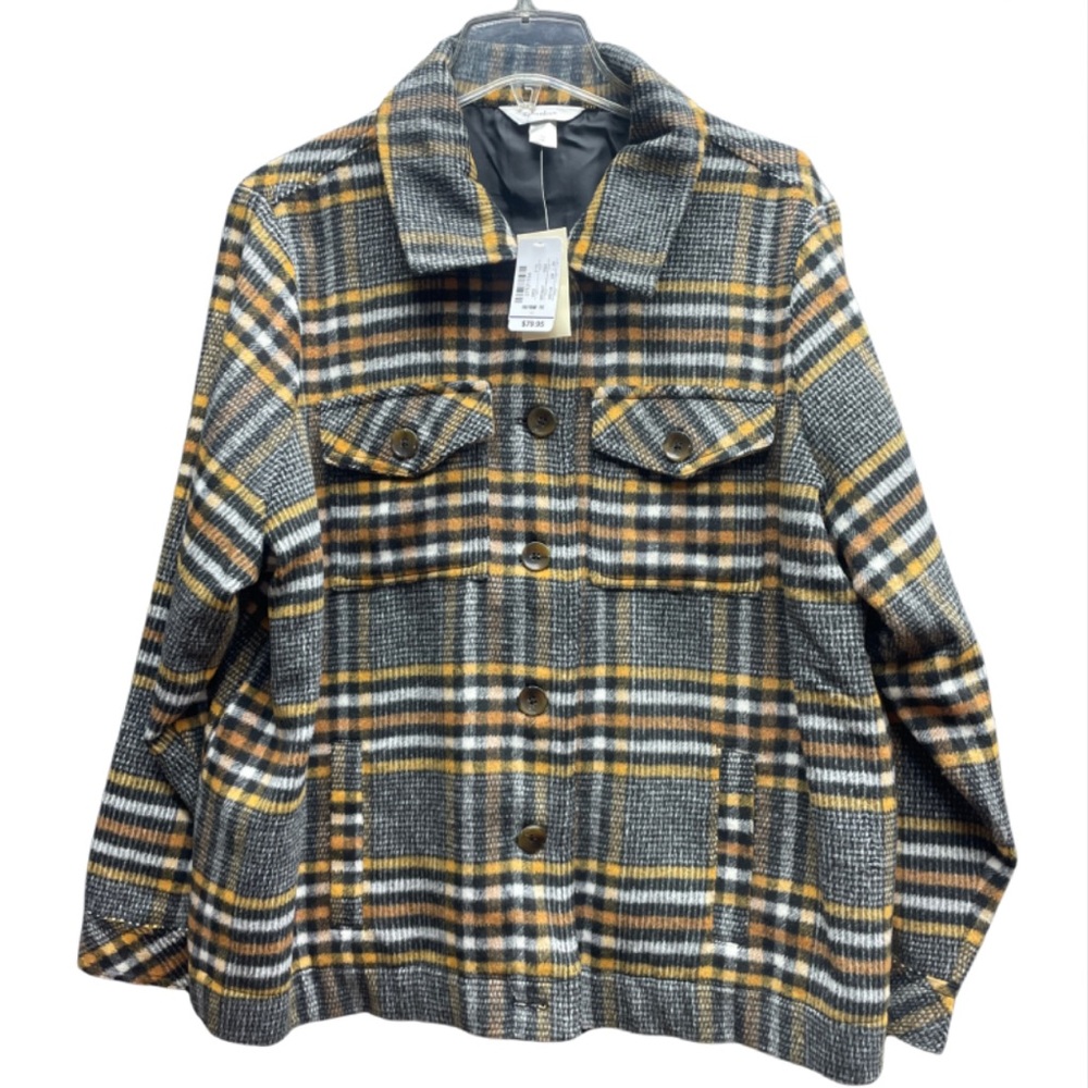 NWT CJ Banks Black White Yellow Plaid Wool Blend Button Jacket Sz 1X
